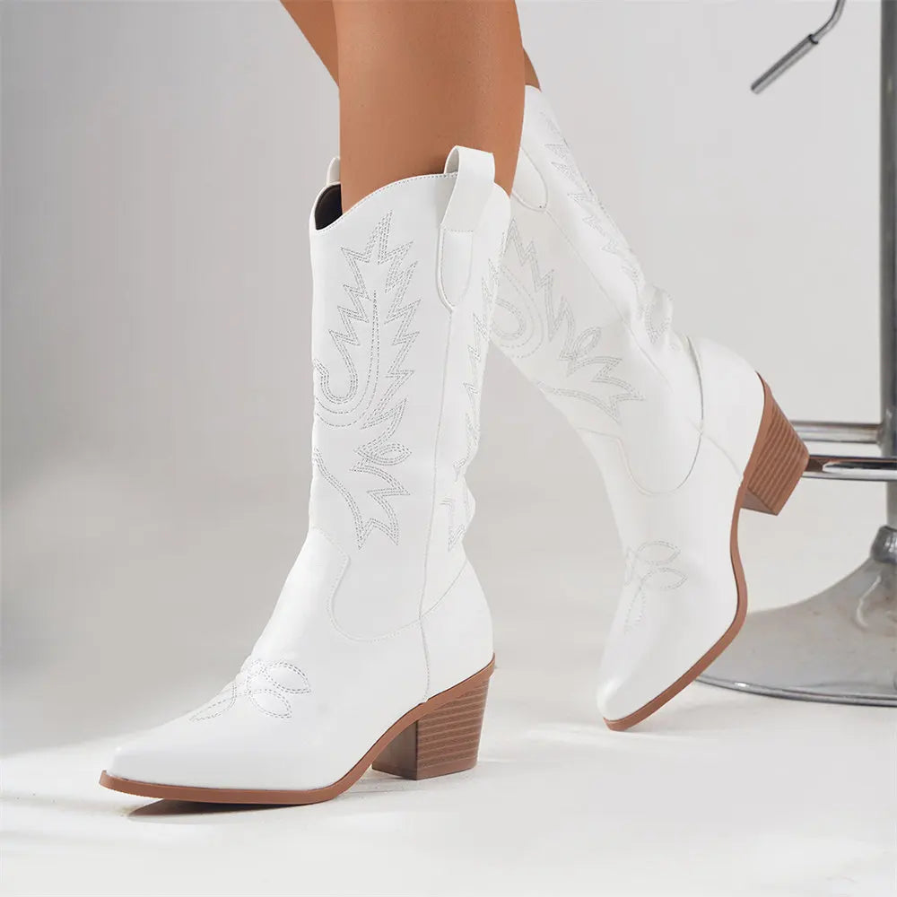 Lynne | Women's Embroidered Mid-Calf Block Heel Cowboy Boots