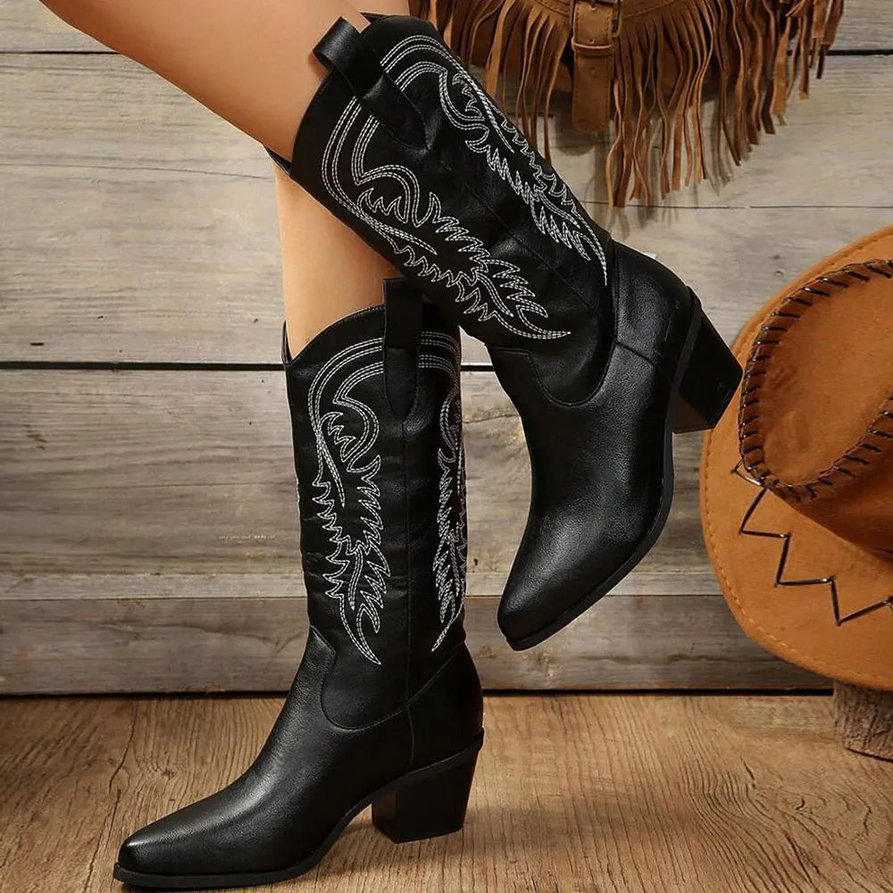 Lynne | Women's Embroidered Mid-Calf Block Heel Cowboy Boots