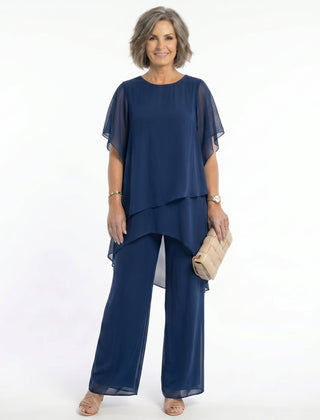 Rosalind Tiered Tunic & Wide-Leg Trouser Set in Navy