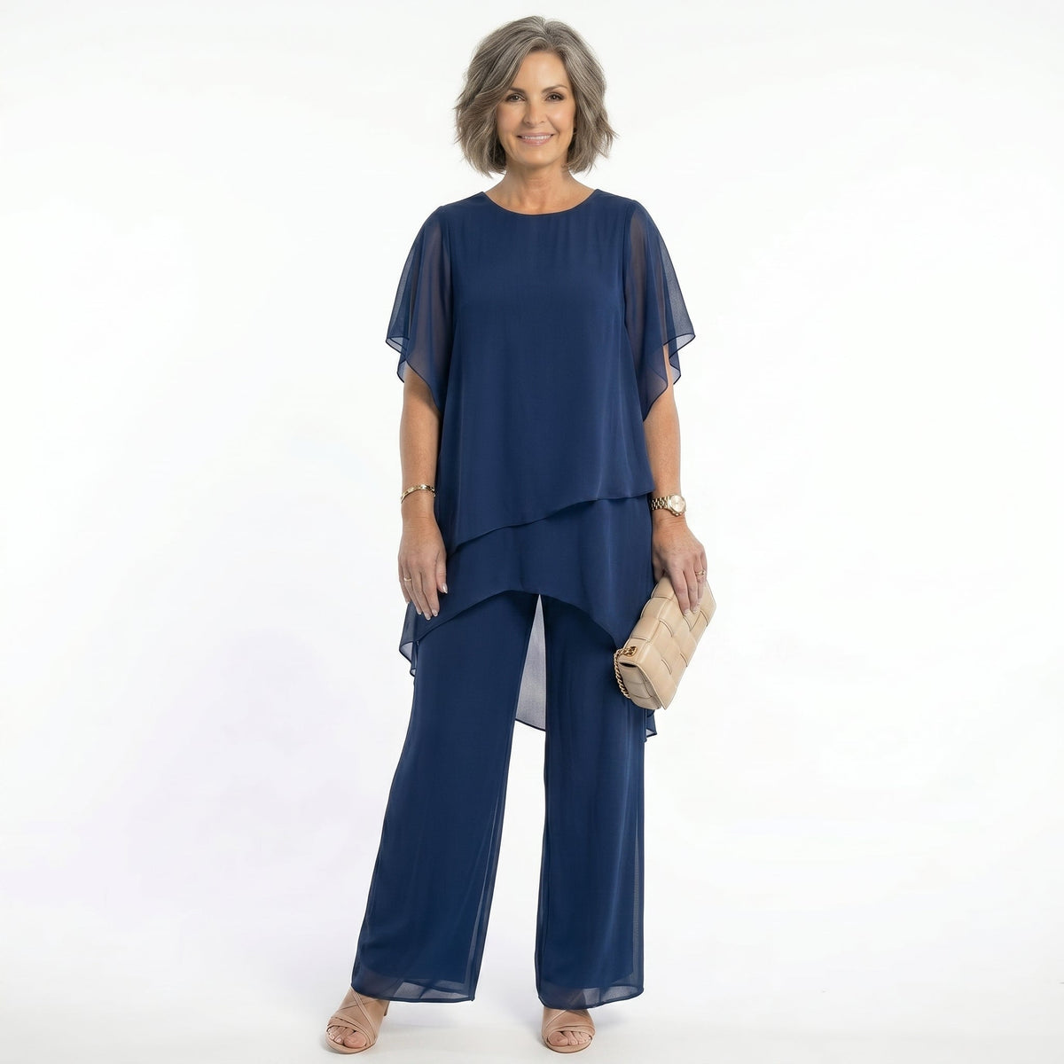 Rosalind Tiered Tunic & Wide-Leg Trouser Set in Navy