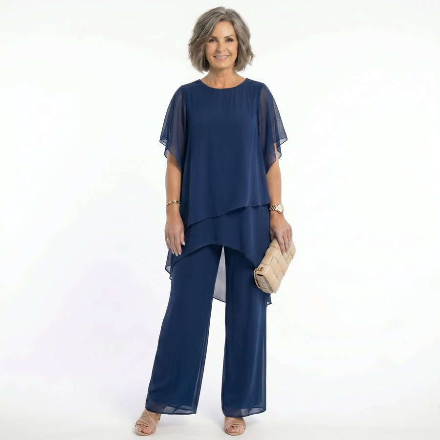Rosalind Tiered Tunic & Wide-Leg Trouser Set in Navy