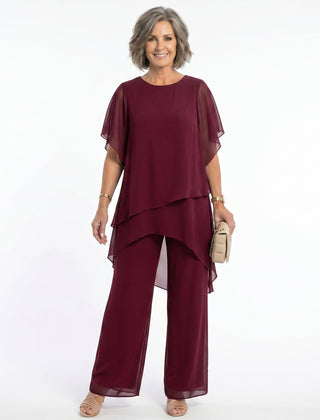 Rosalind Tiered Tunic & Wide-Leg Trouser Set in Burgundy