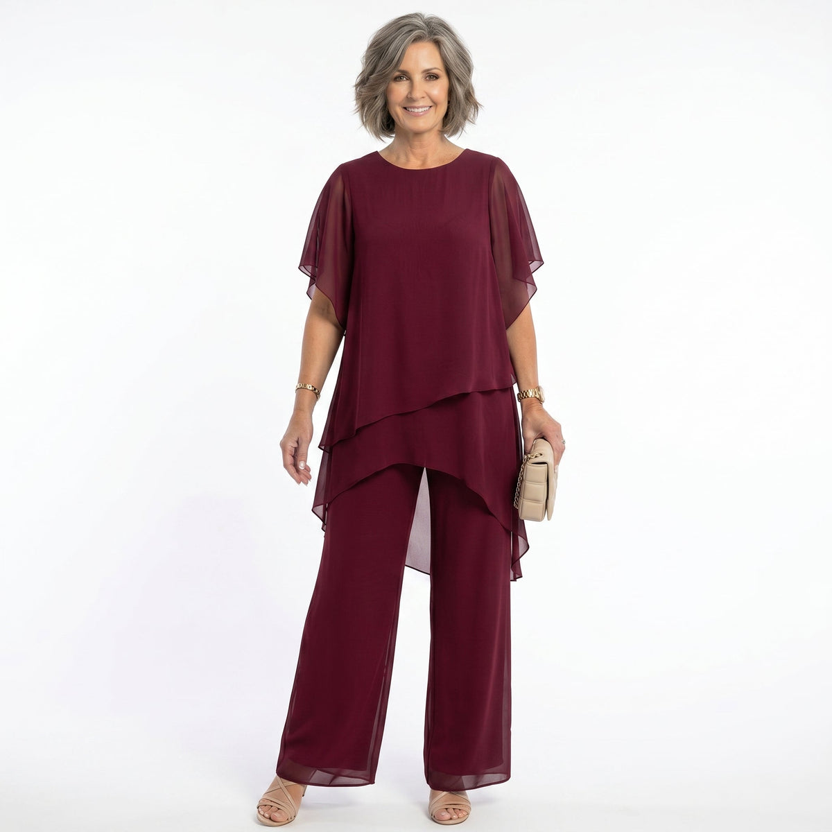 Rosalind Tiered Tunic & Wide-Leg Trouser Set in Burgundy