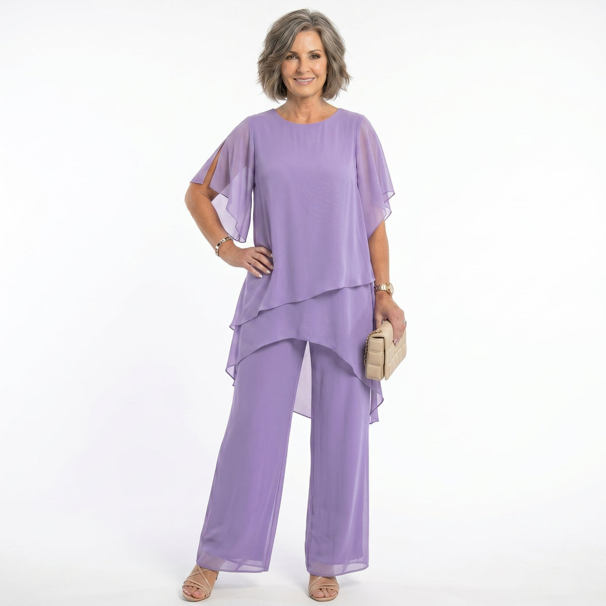 Rosalind Tiered Tunic & Wide-Leg Trouser Set in Lavender