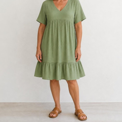 Posy Textured V-Neck Tiered Dress in Sage Green – clean front view