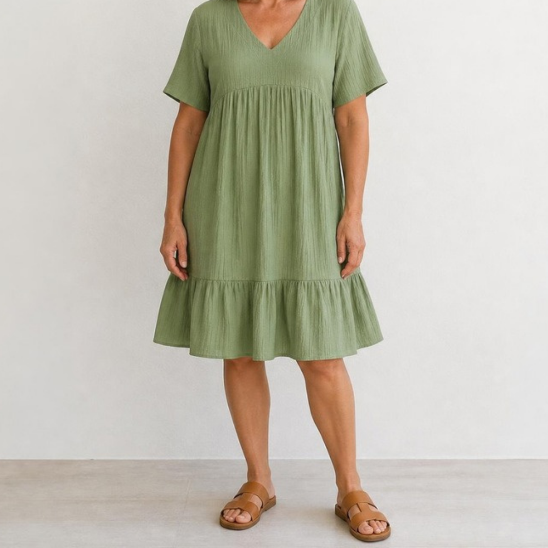 Posy Textured V-Neck Tiered Dress in Sage Green – clean front view