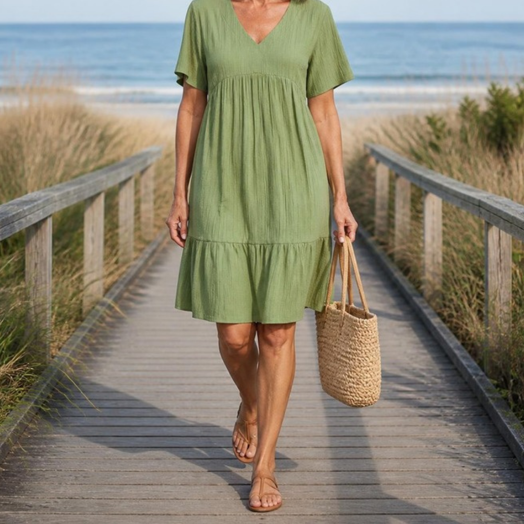 Posy Textured V-Neck Tiered Dress in Sage Green – worn on a coastal boardwalk