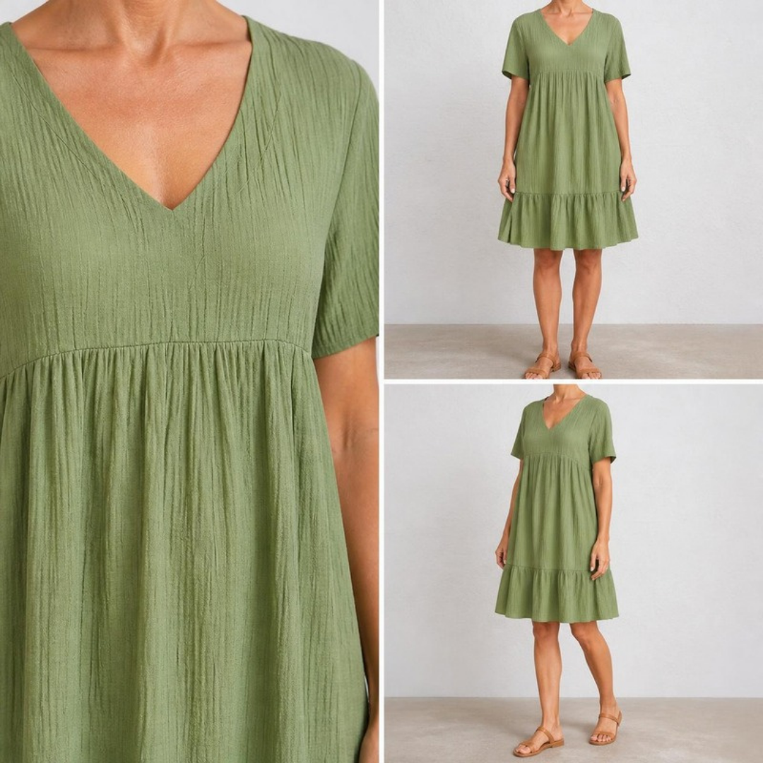 Posy Textured V-Neck Tiered Dress in Sage Green – neckline detail and two full-length views