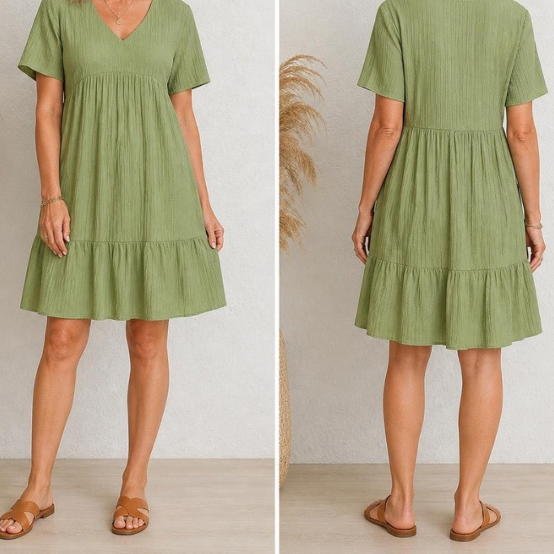 Posy Textured V-Neck Tiered Dress in Sage Green – front and back view