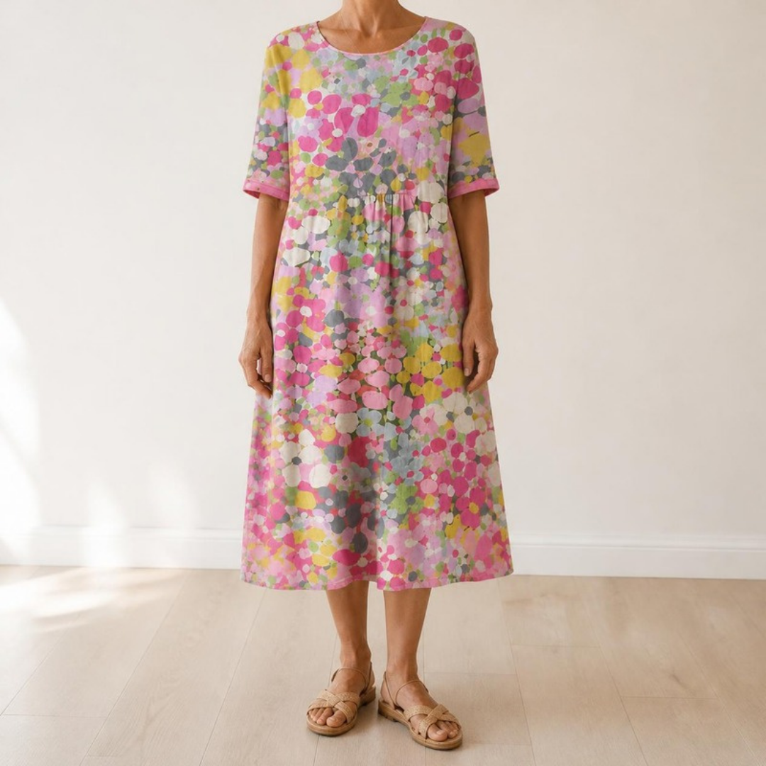 Primrose midi dress in Pink — full front view in a light interior