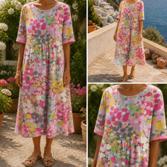 Primrose midi dress in Pink — two full-length views and a close-up of the neckline and print