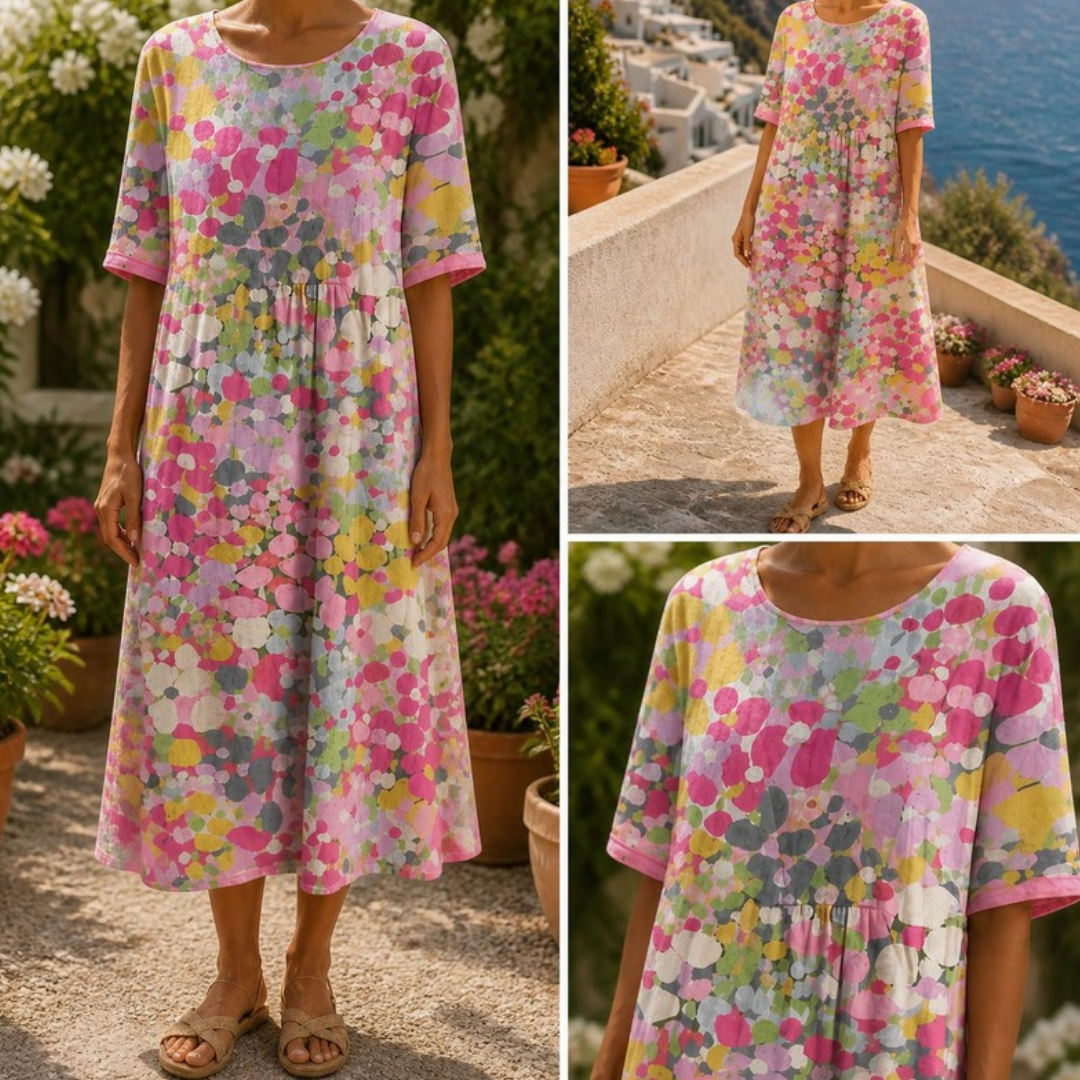 Primrose midi dress in Pink — two full-length views and a close-up of the neckline and print