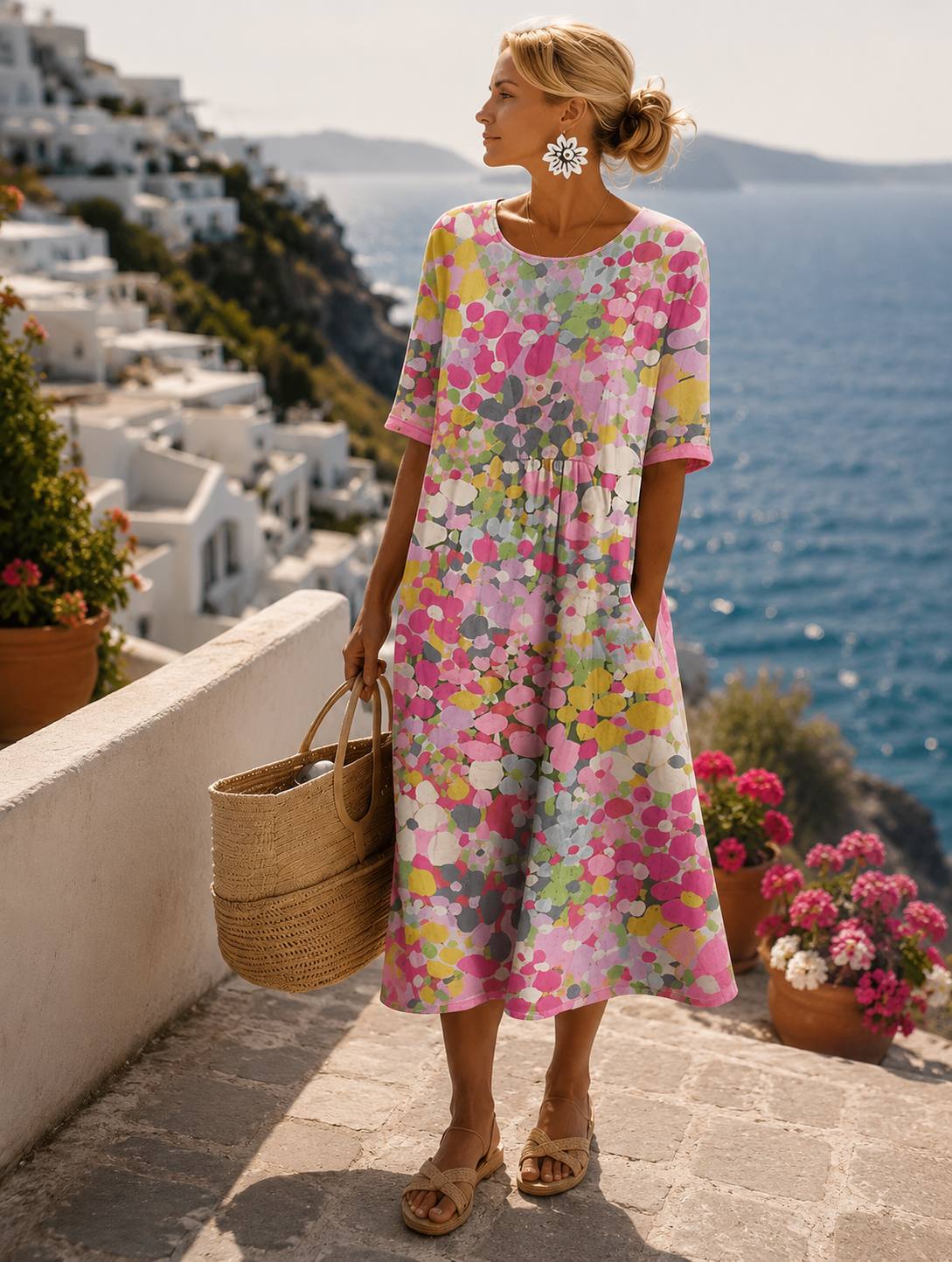 Primrose midi dress in Pink worn outdoors