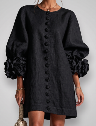 Rosamund Rosette Sleeve Shift Dress in Black – front view