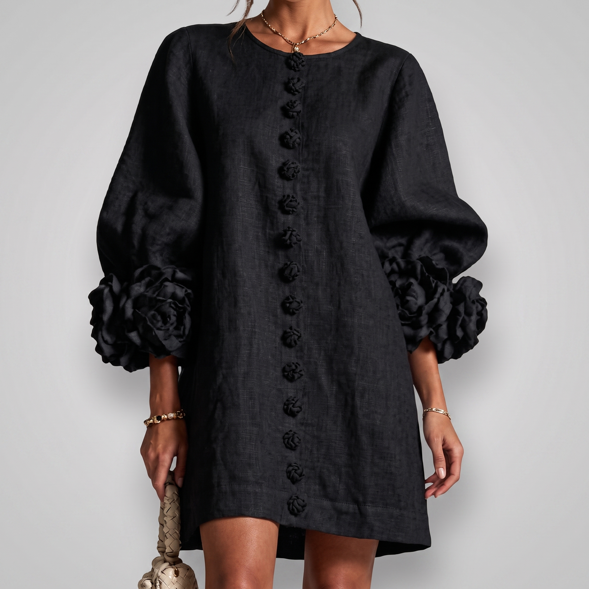 Rosamund Rosette Sleeve Shift Dress in Black – front view