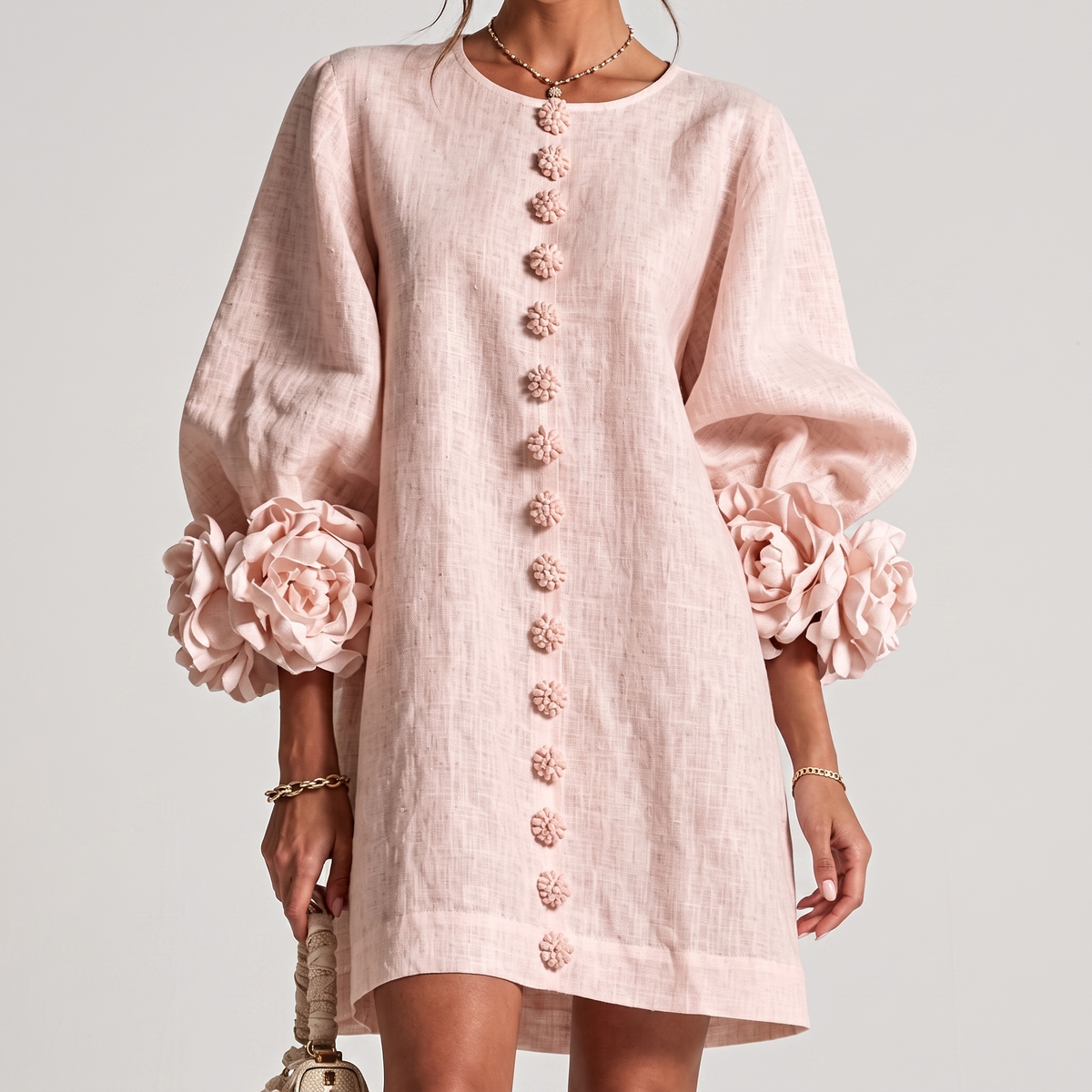 Rosamund Rosette Sleeve Shift Dress in Blush Pink – front view