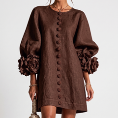 Rosamund Rosette Sleeve Shift Dress in Brown – front view