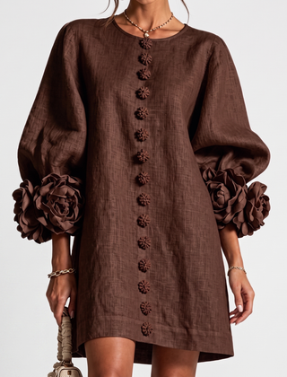 Rosamund Rosette Sleeve Shift Dress in Brown – front view