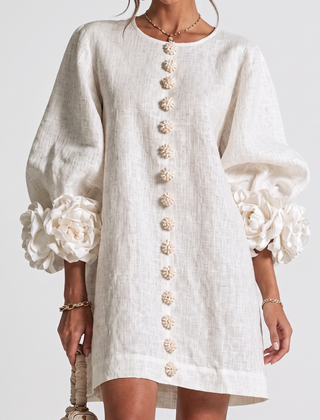 Rosamund Rosette Sleeve Shift Dress in Ivory – front view