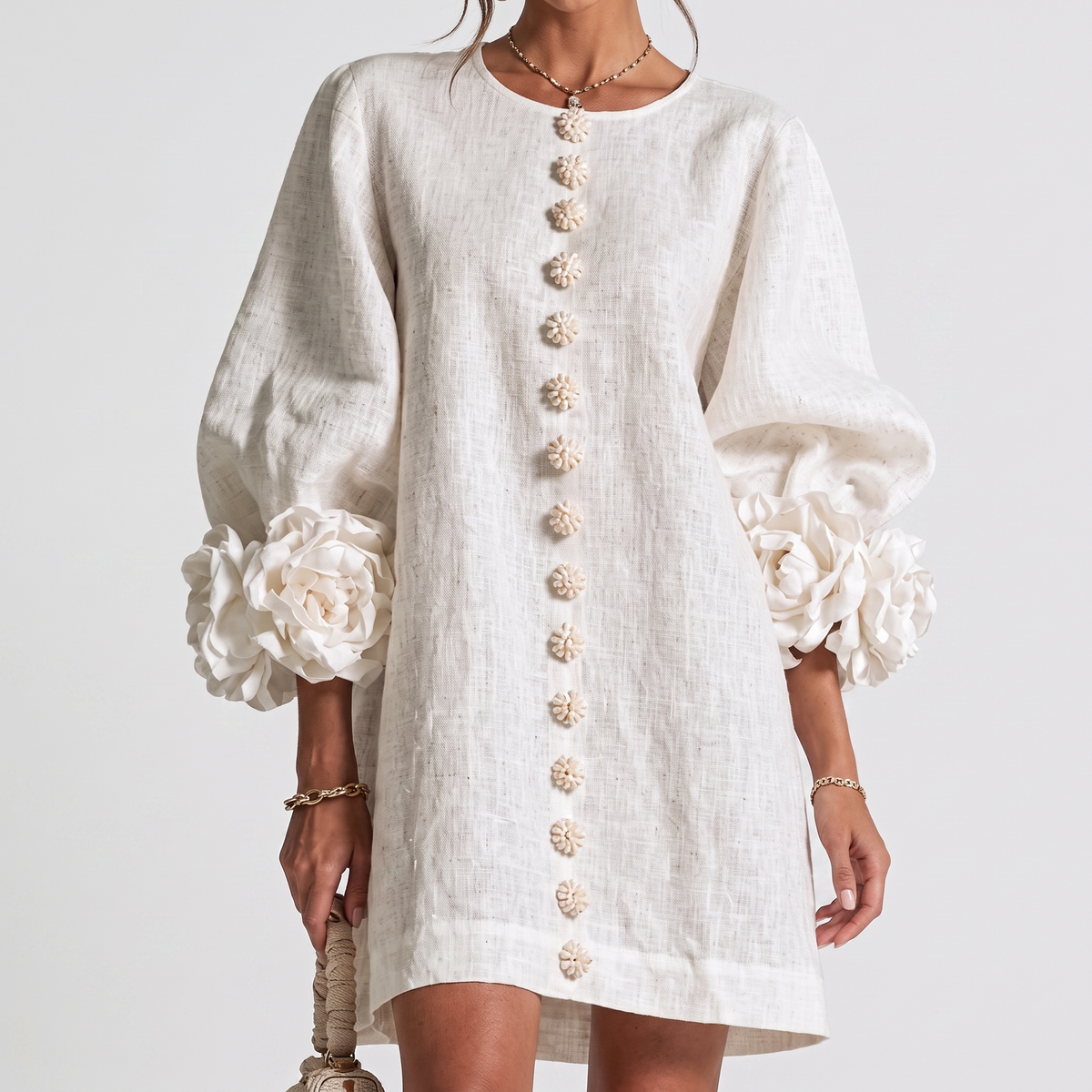 Rosamund Rosette Sleeve Shift Dress in Ivory – front view