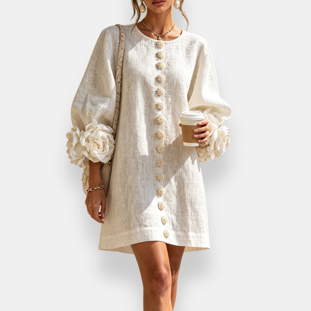 Rosamund Rosette Sleeve Shift Dress in Ivory – full-length view
