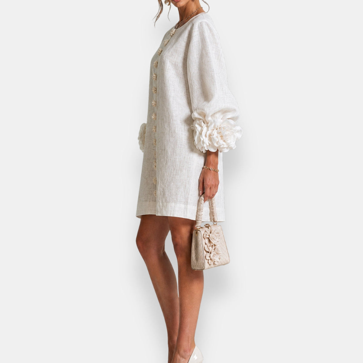 Rosamund Rosette Sleeve Shift Dress in Ivory – side view
