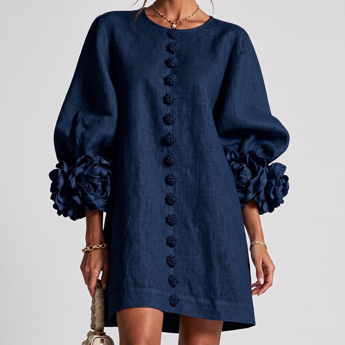 Rosamund Rosette Sleeve Shift Dress in Navy – front view
