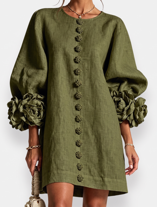 Rosamund Rosette Sleeve Shift Dress in Olive – front view