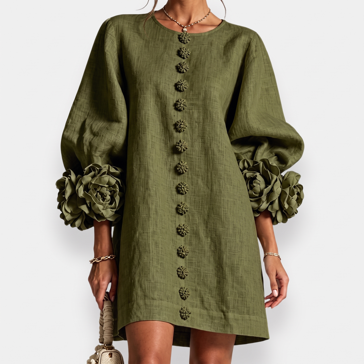 Rosamund Rosette Sleeve Shift Dress in Olive – front view