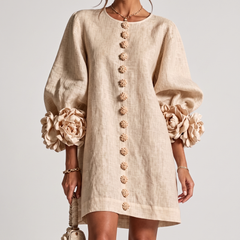 Rosamund Rosette Sleeve Shift Dress in Sand – front view