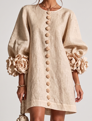 Rosamund Rosette Sleeve Shift Dress in Sand – front view