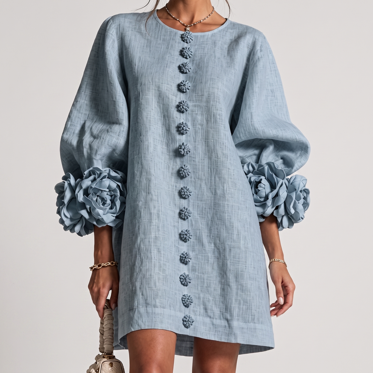 Rosamund Rosette Sleeve Shift Dress in Sky Blue – front view