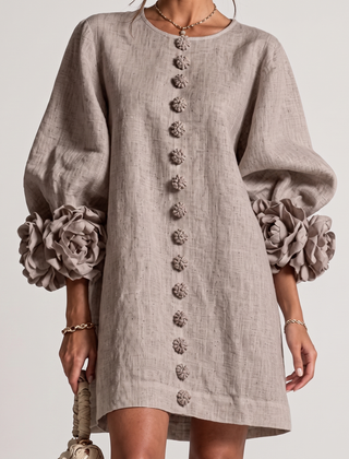 Rosamund Rosette Sleeve Shift Dress in Taupe – front view