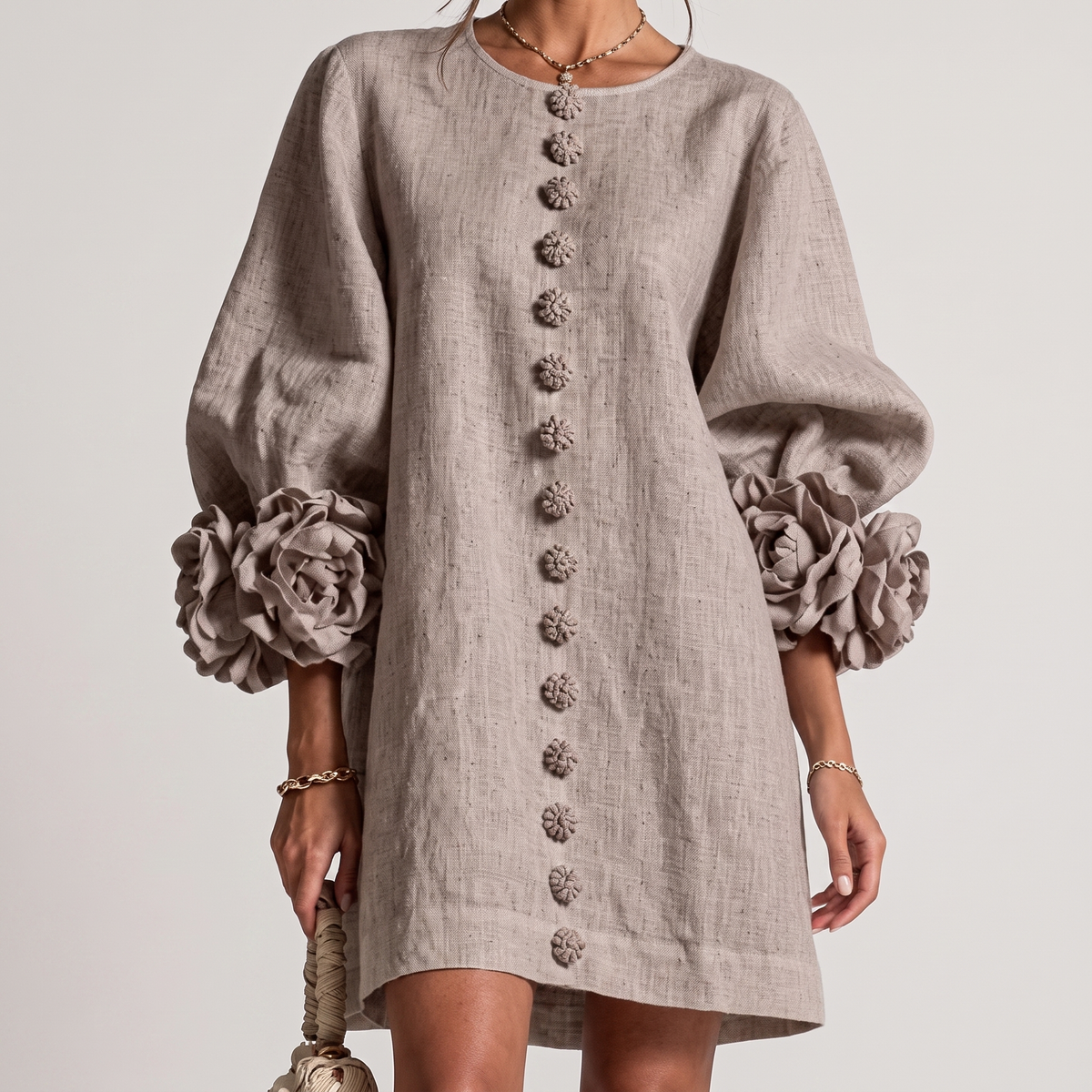 Rosamund Rosette Sleeve Shift Dress in Taupe – front view