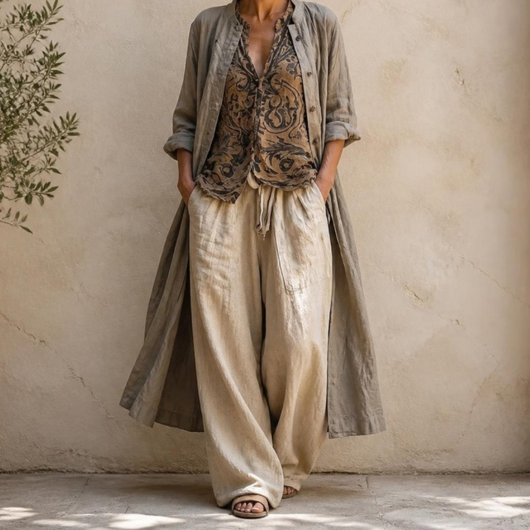 Rowena Three-Piece Duster, Blouse & Trouser Set – full-length front view