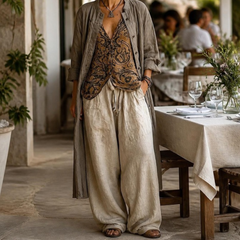 Rowena Three-Piece Duster, Blouse & Trouser Set – worn at an outdoor restaurant