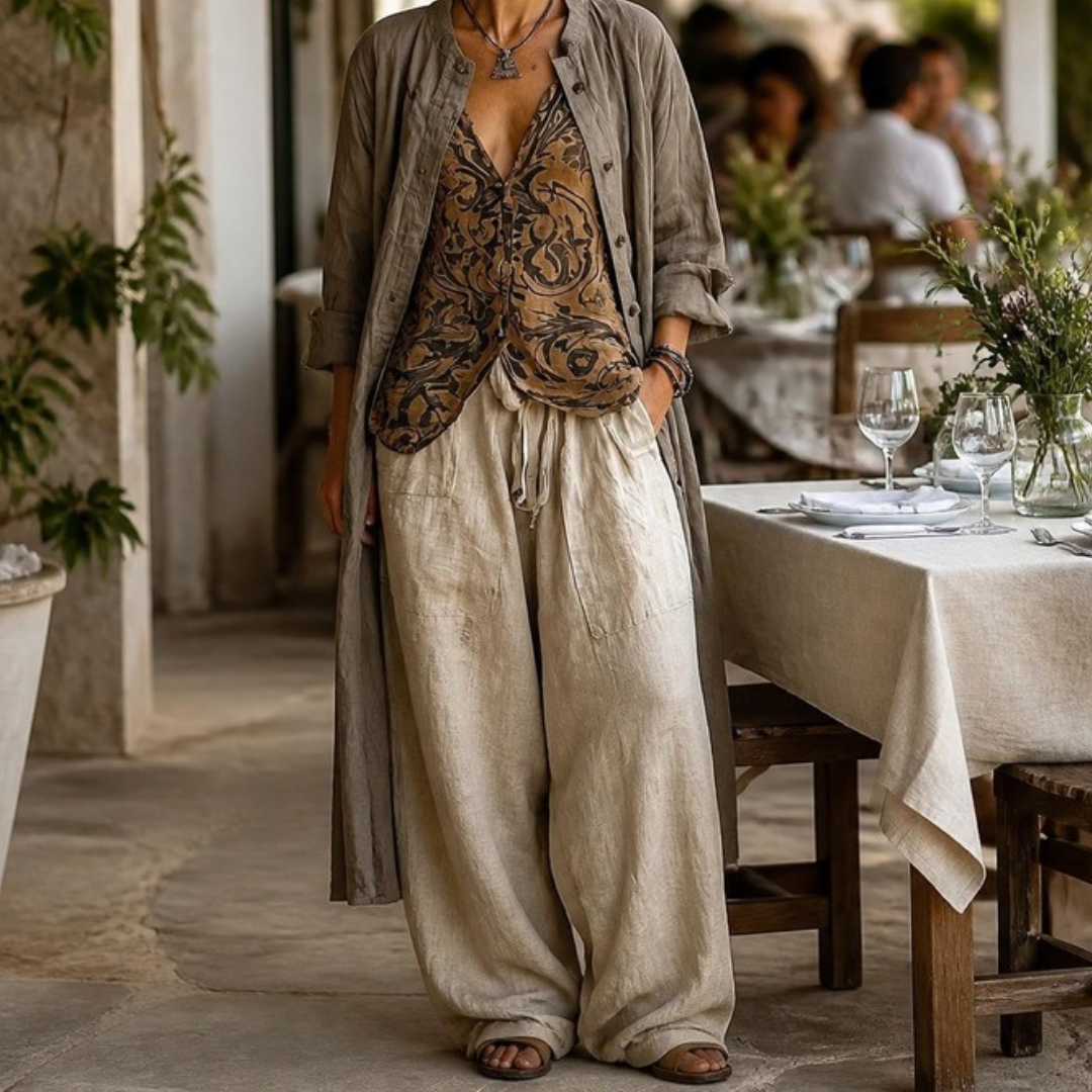 Rowena Three-Piece Duster, Blouse & Trouser Set – worn at an outdoor restaurant