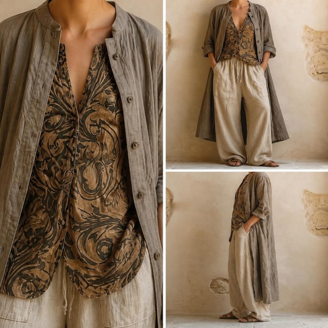 Rowena Three-Piece Duster, Blouse & Trouser Set – printed blouse detail with front and side views