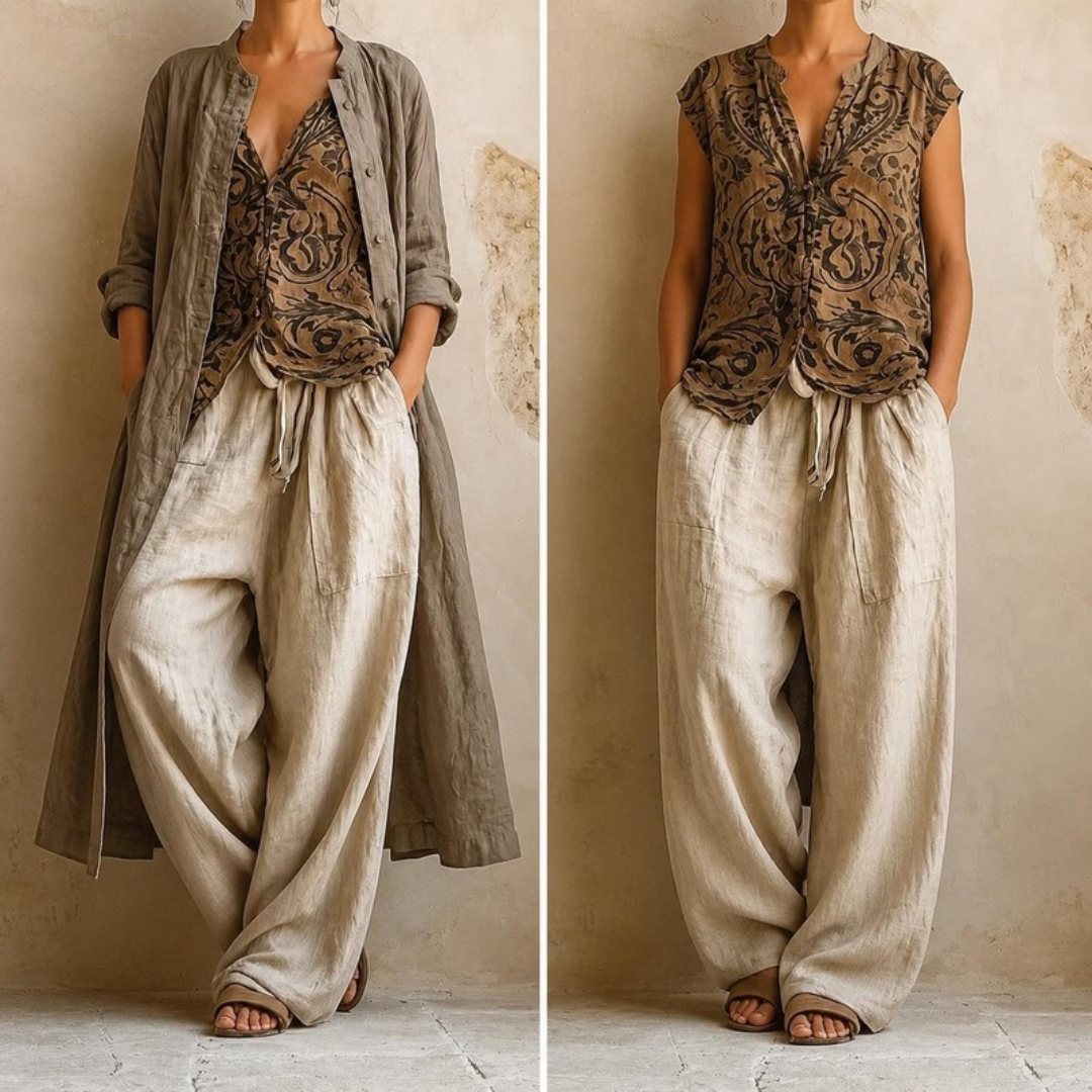 Rowena Three-Piece Duster, Blouse & Trouser Set – worn with and without the duster