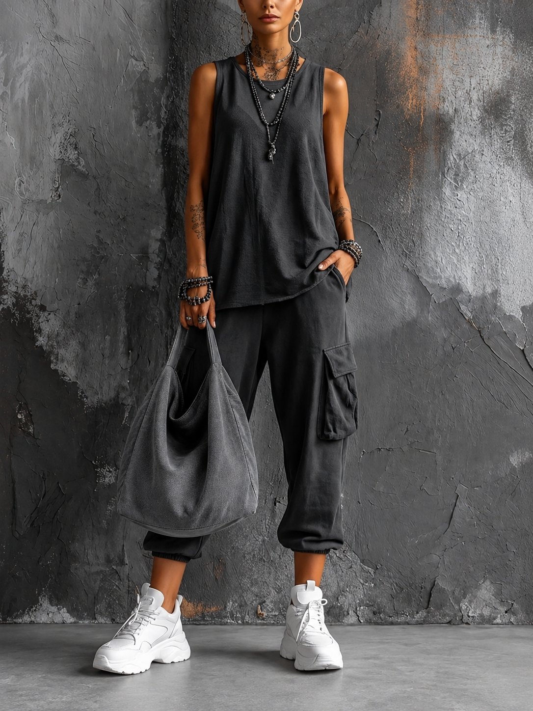 Saskia sleeveless top and cargo pant set in Grey
