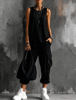 Saskia sleeveless top and cargo pant set in Black