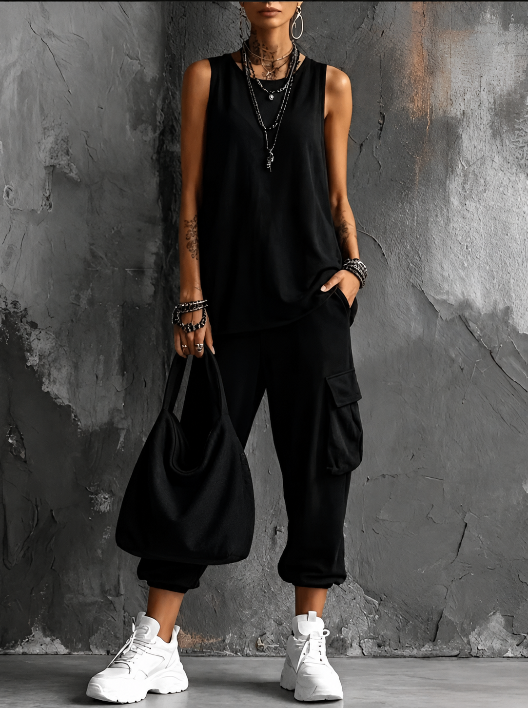 Saskia sleeveless top and cargo pant set in Black