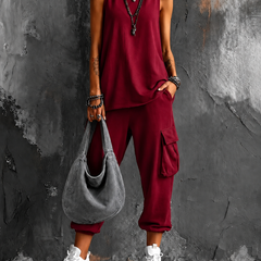 Saskia sleeveless top and cargo pant set in Burgundy