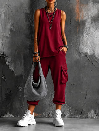 Saskia sleeveless top and cargo pant set in Burgundy