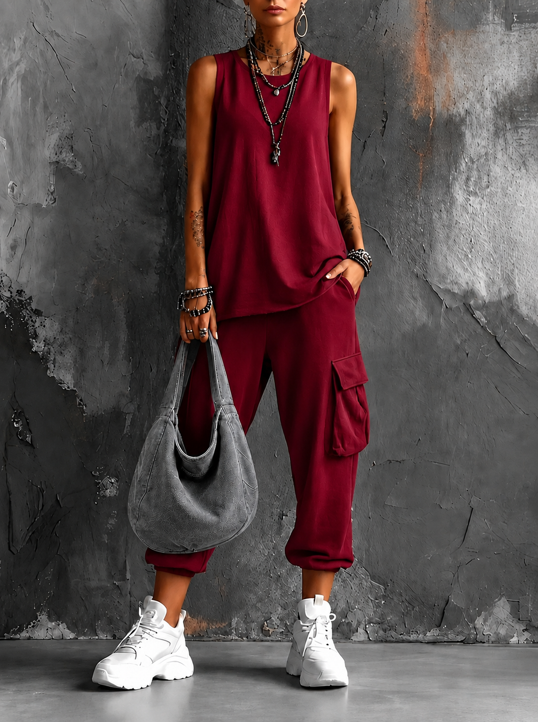Saskia sleeveless top and cargo pant set in Burgundy