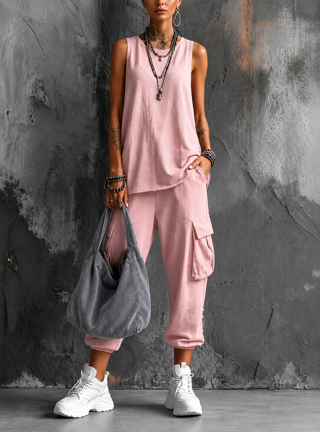 Saskia sleeveless top and cargo pant set in Pink