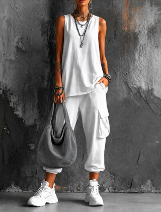 Saskia sleeveless top and cargo pant set in White