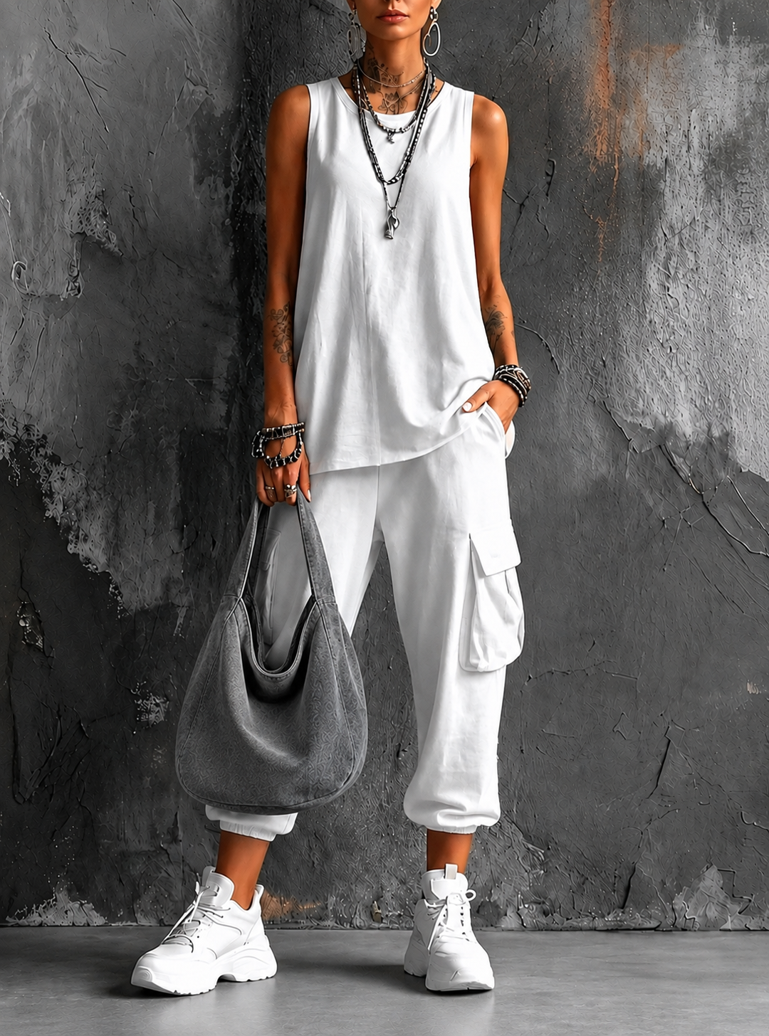 Saskia sleeveless top and cargo pant set in White