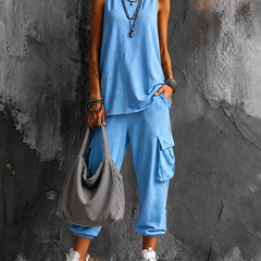 Saskia sleeveless top and cargo pant set in Sky Blue