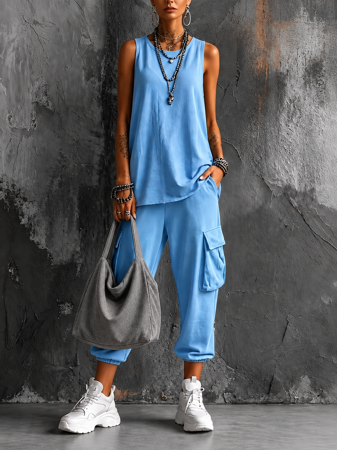 Saskia sleeveless top and cargo pant set in Sky Blue